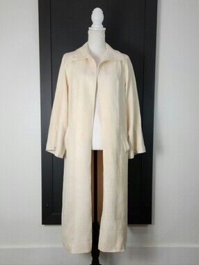 Vintage Anne Harris 100% Raw Silk Coat Duster Ivory Cream Made in Hong Kong